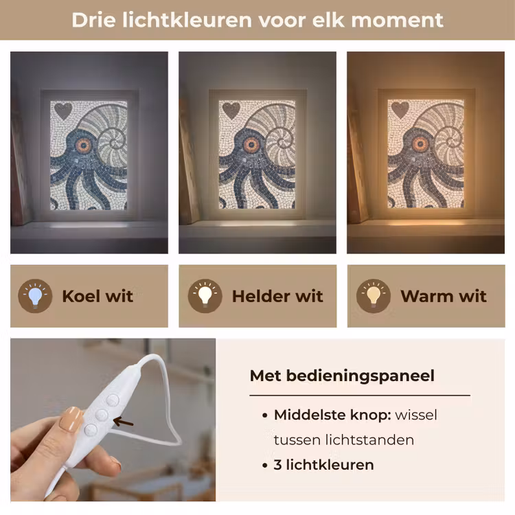 Zeeleven - Mozaïek - Kunst - Vintage - Beige Light Box met kabel (Wandlamp) klein -USP_lichtkleurNL
