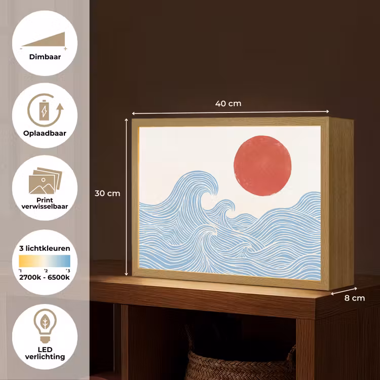 Zon - Golven - Oceaan - Abstract - Rood Light Box met batterij (Wandlamp) middel -USP_websiteoverzichtNL