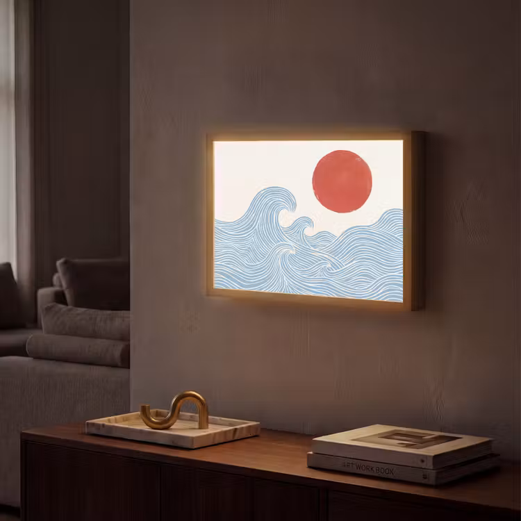 Zon - Golven - Oceaan - Abstract - Rood Light Box met batterij (Wandlamp) middel -sfeer1