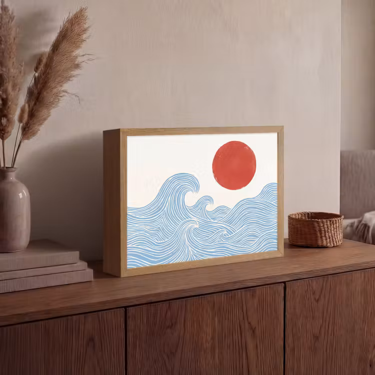 Zon - Golven - Oceaan - Abstract - Rood Light Box met batterij (Wandlamp) middel -sfeer2