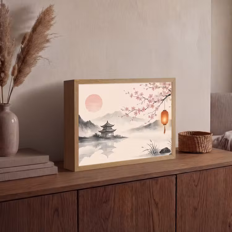 Zon - Japans - Traditioneel Light Box met batterij (Wandlamp) middel -sfeer2