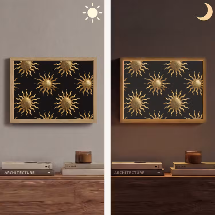 Zon - Patroon - Luxe - Goud - Zwart Light Box met batterij (Wandlamp) middel 907 -sfeer3