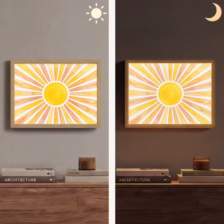 Zon - Stralen - Aquarel - Geel - Abstract Light Box met batterij (Wandlamp) middel -sfeer3