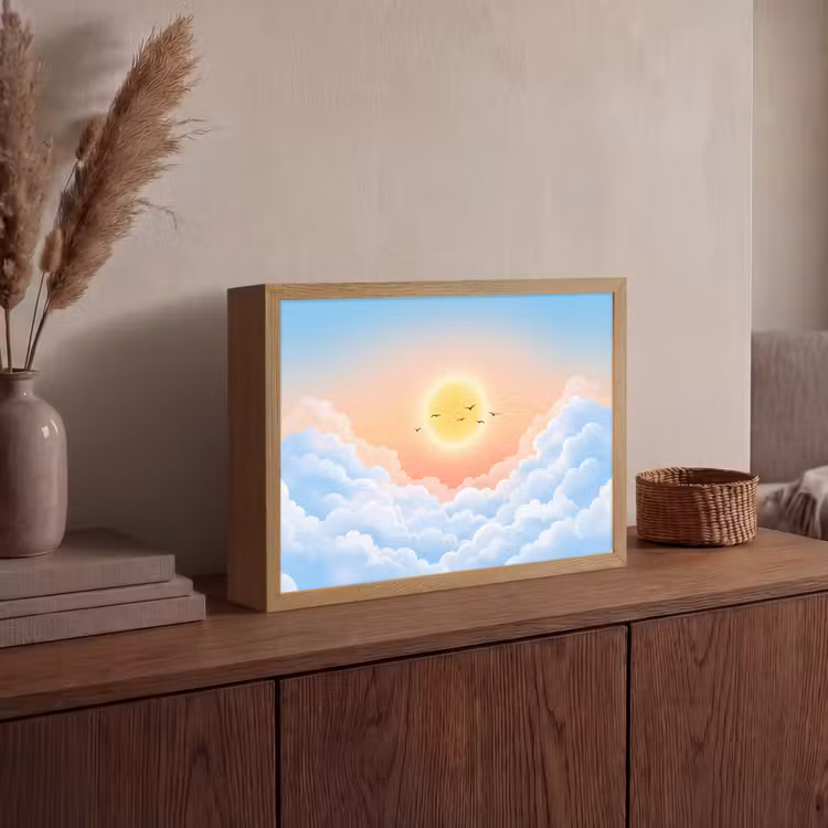 Zon - Vogels - Lucht - Natuur - Geel Light Box met batterij (Wandlamp) middel -sfeer2