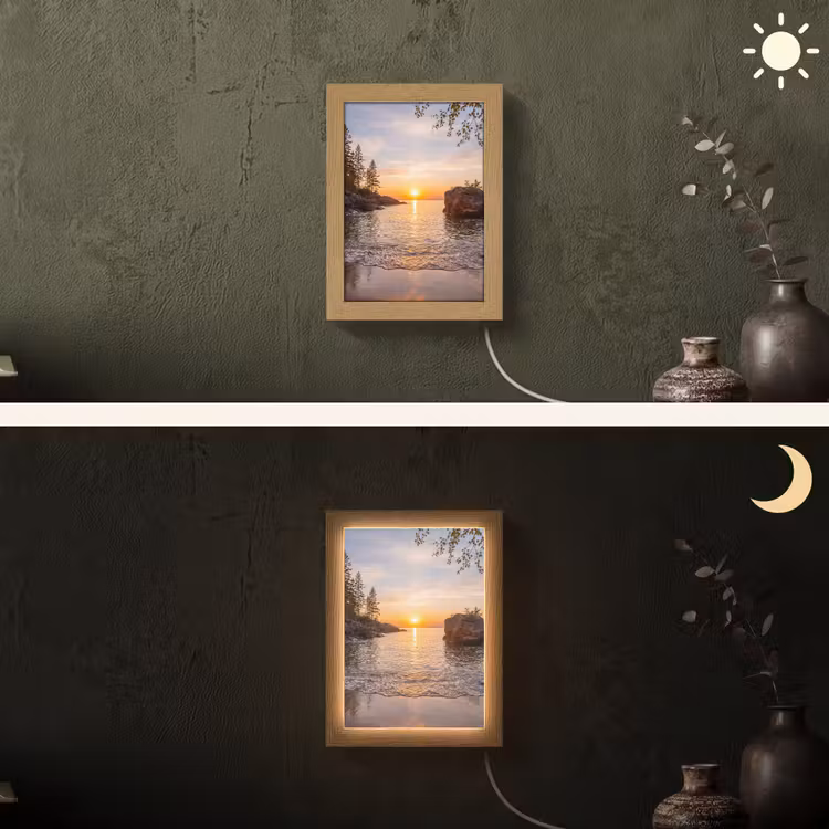 Zonsondergang - Kust - Water - Natuur - Oranje Light Box met kabel (Wandlamp) klein -sfeer3
