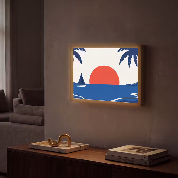 Zonsondergang - Zee - Palmboom - Tropisch - Modern Light Box met batterij (Wandlamp) middel -sfeer1