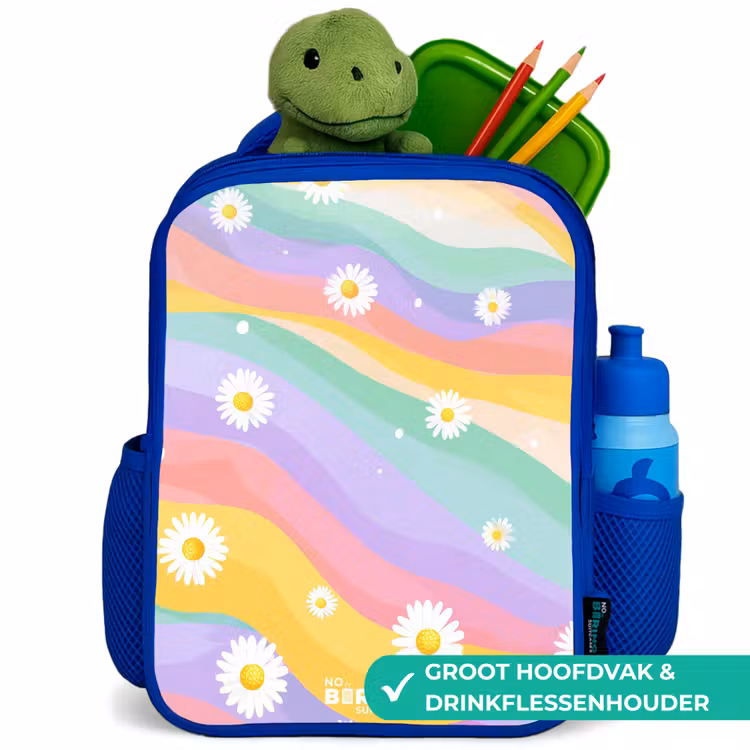 Madeliefjes op regenboogachtergrond Kinderrugzak - Blauw middel -inhoud_NL