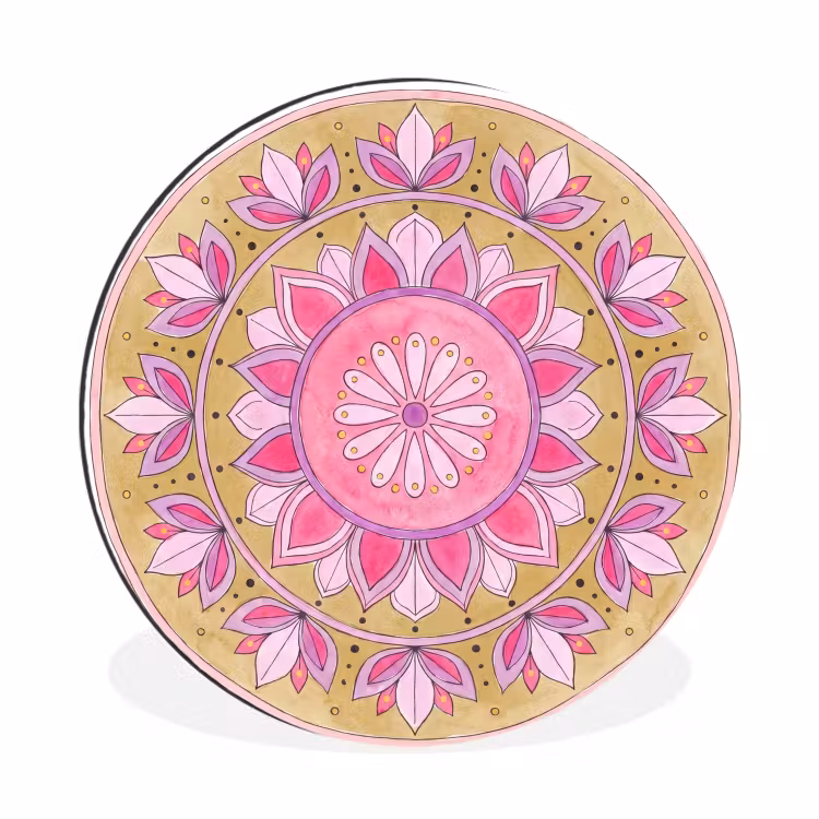 Mandala - Patroon - Kunst - Aquarel - Roze Wandcirkel aluminium klein -3d