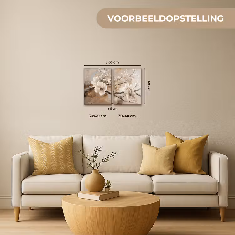 Bloesem - Beige - Abstract - Bloemen Canvas - Meerluiken 2 luik klein -sfeer6-formaat-