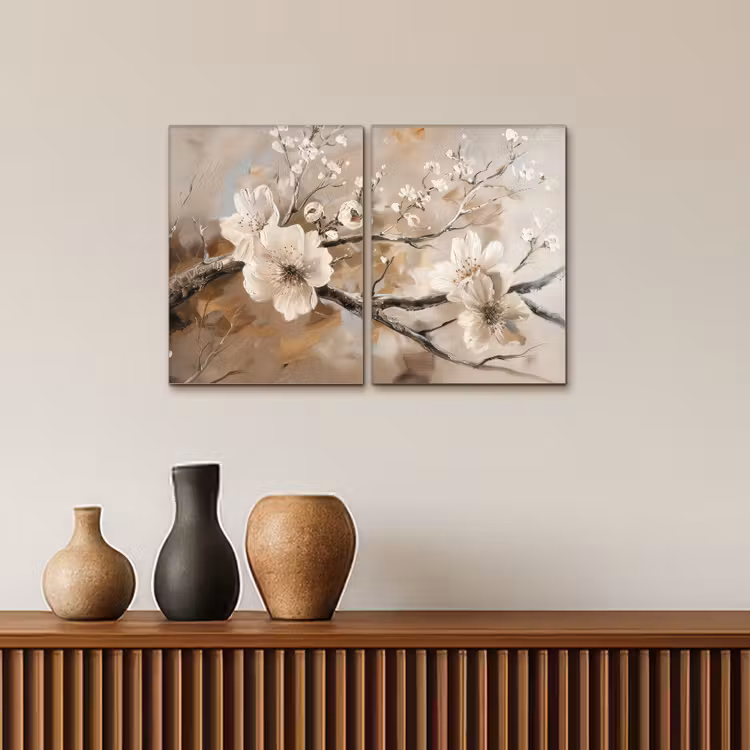 Bloesem - Beige - Abstract - Bloemen Canvas - Meerluiken 2 luik klein -sfeer3
