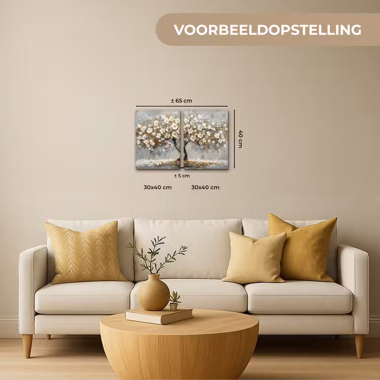 Boom - Abstract - Wit - Bloesem Canvas - Meerluiken 2 luik klein -sfeer6-formaat-