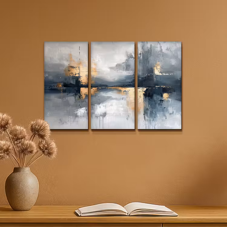Abstract - Grijs - Goud - Modern Canvas - Meerluiken 3 luik klein -sfeer5
