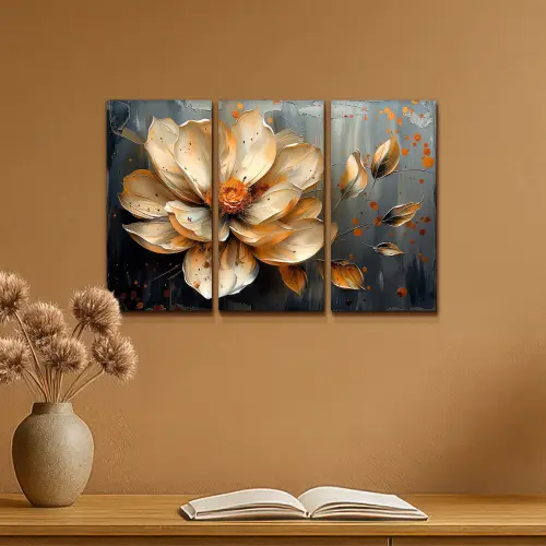 Bloem - Goud - Abstract - Verf Canvas - Meerluiken 3 luik klein -sfeer5