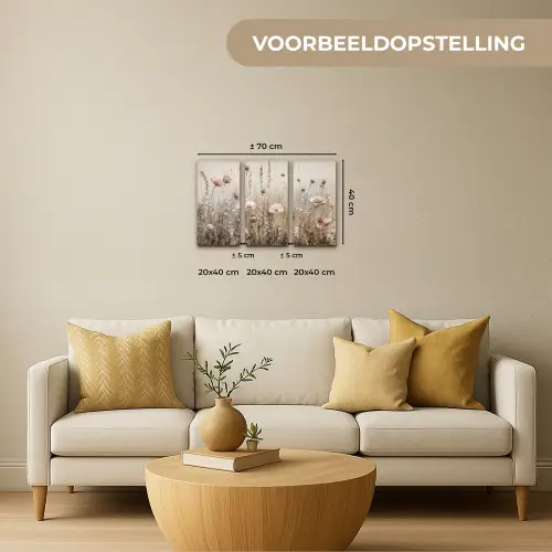 Bloemen - Beige - Modern - Roze Canvas - Meerluiken 3 luik klein -sfeer6-formaat