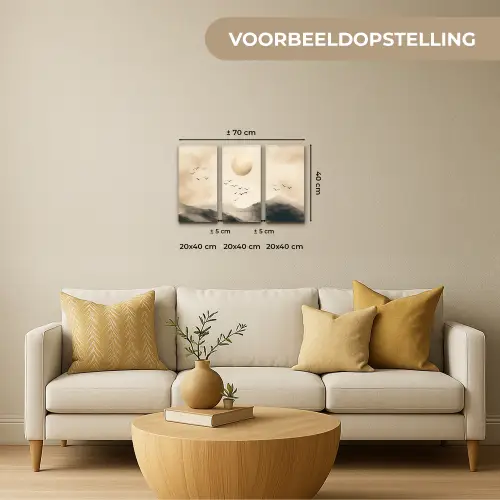 Landschap - Japandi - Beige - Vogels Canvas - Meerluiken 3 luik klein -sfeer6-formaat
