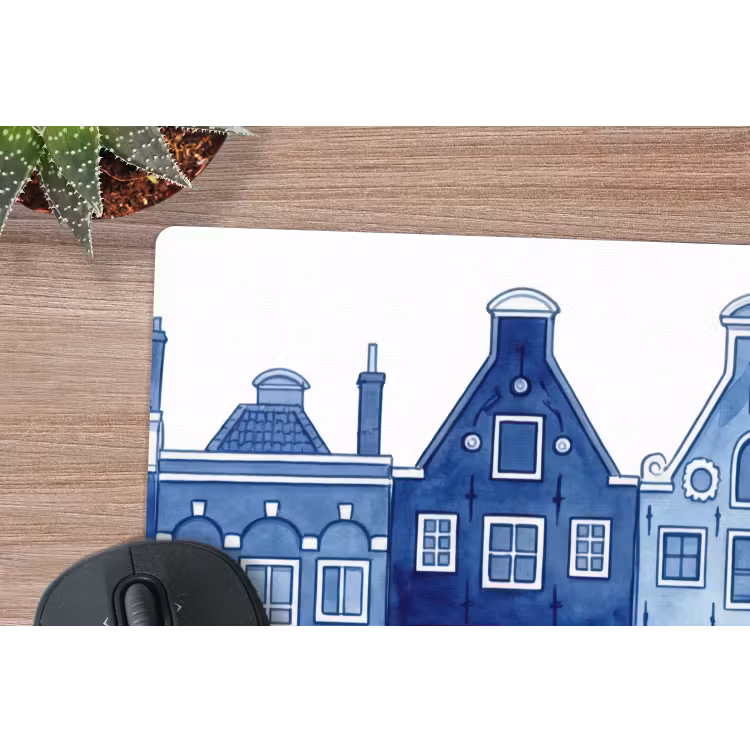 Aquarel - Grachtenpanden - Delfts - Blauw muismat rubber klein -closeup