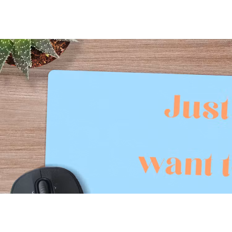 Blauw - Oranje - Just want to be happy & naked muismat rubber klein -closeup
