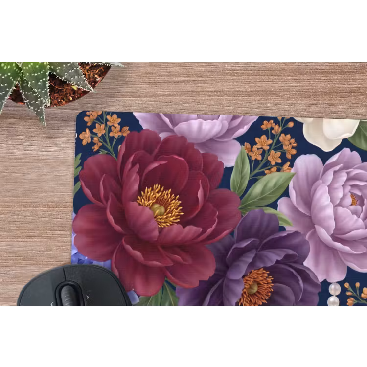 Bloemen - Parels - Decoratie - Modern - Blauw muismat rubber klein -closeup