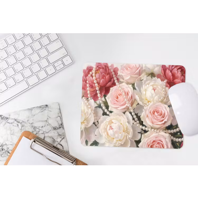 Bloemen - Parels - Romantiek - Klassiek - Roze muismat rubber klein -witbureau