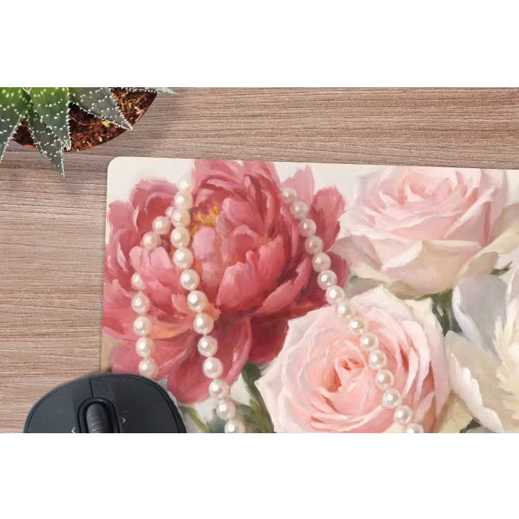 Bloemen - Parels - Romantiek - Klassiek - Roze muismat rubber klein -closeup