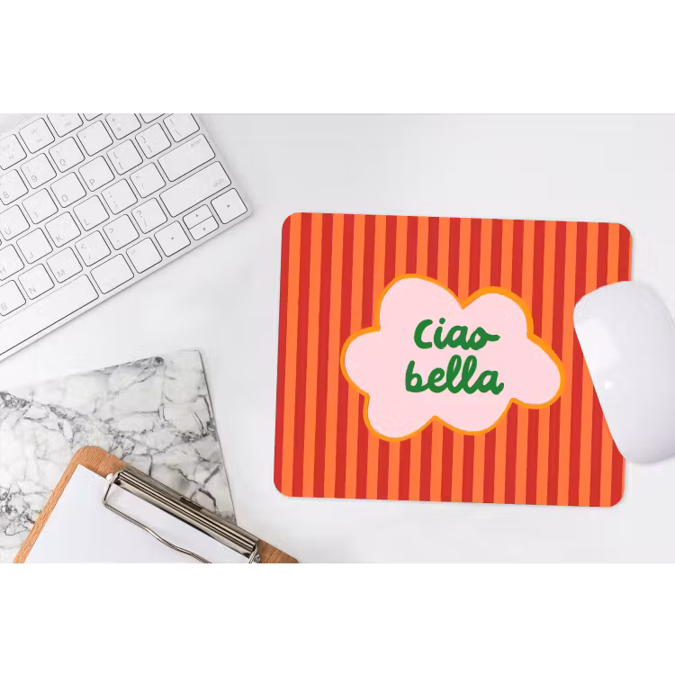 Ciao bella - Tekstwolk - Strepen - Oranje muismat rubber klein -witbureau