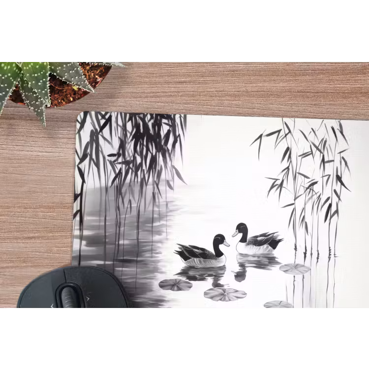 Eenden - Waterlelies - Riet - Zwart muismat rubber klein -closeup