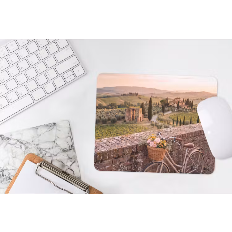 Fiets - Bloemen - Toscane - Landschap - Roze muismat rubber klein -witbureau