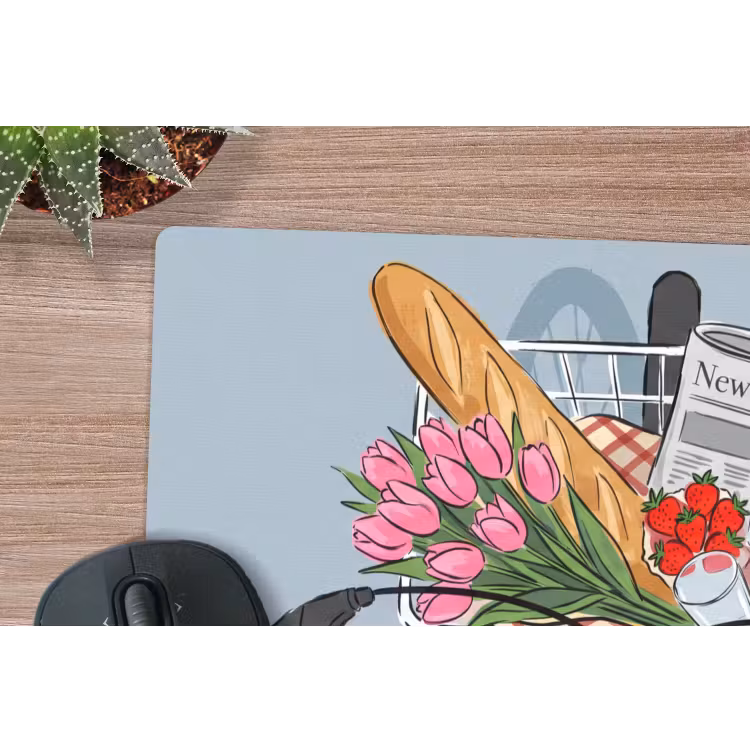 Fiets - Picknick - Zomer - Illustratie muismat rubber klein -closeup