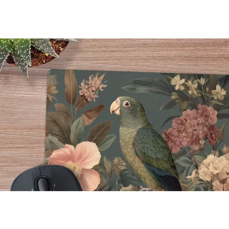 Groene papegaai - Kleurrijke bloemen - Donkere achtergrond muismat rubber klein -closeup