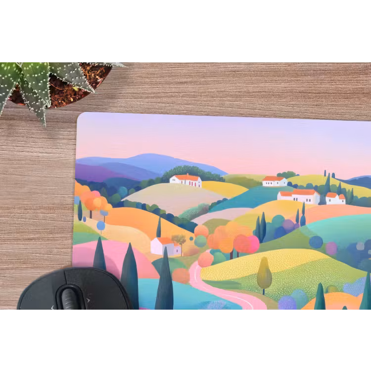 Landschap - Paars - Pastel - Huizen muismat rubber klein -closeup