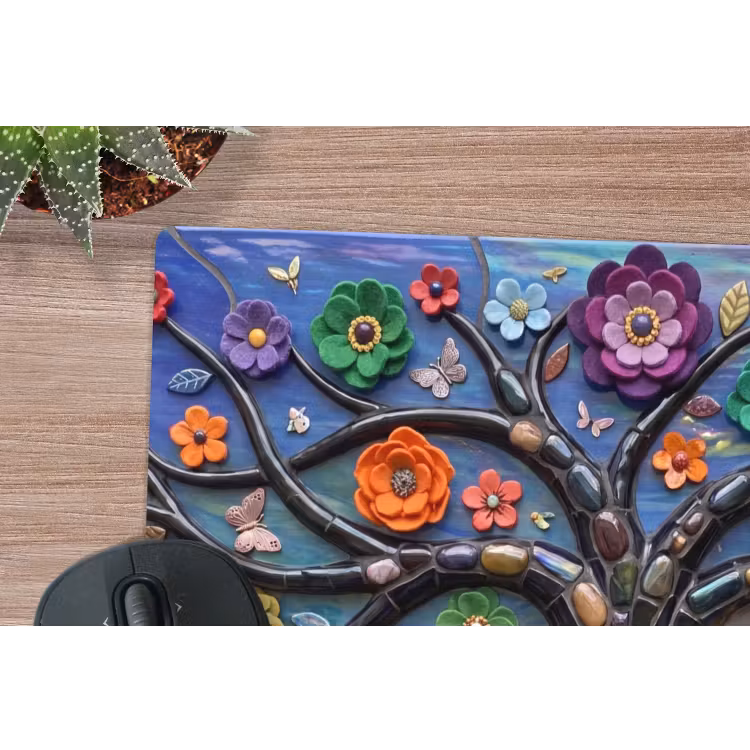 Levensboom - Mozaïek - Bloemen - Kleurrijk - Vrolijk muismat rubber klein -closeup