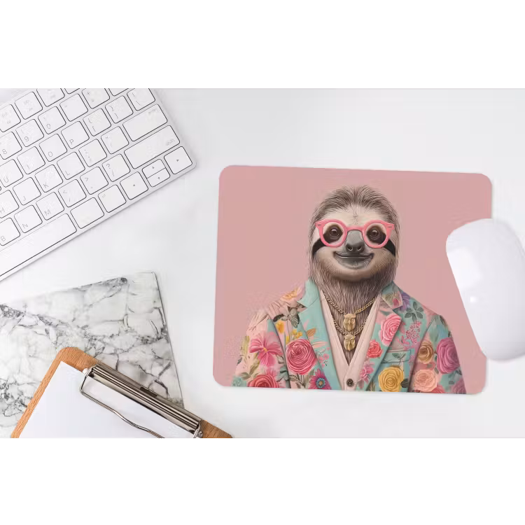 Luiaard - Bloemenprint - Bril - Roze muismat rubber klein -witbureau