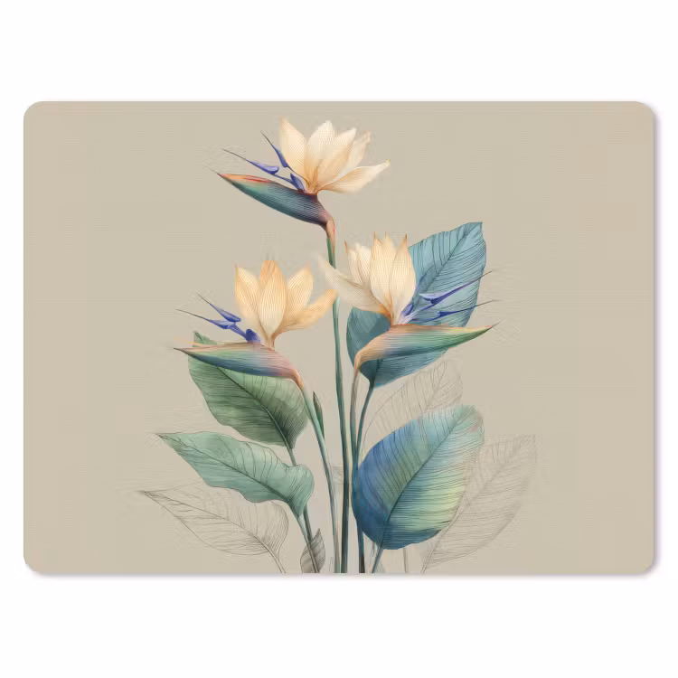 Paradijsvogelbloemen - Blauwgroene bladeren - Beige muismat rubber klein -3d