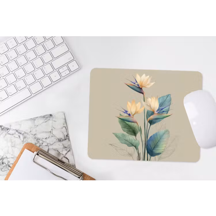 Paradijsvogelbloemen - Blauwgroene bladeren - Beige muismat rubber klein -witbureau