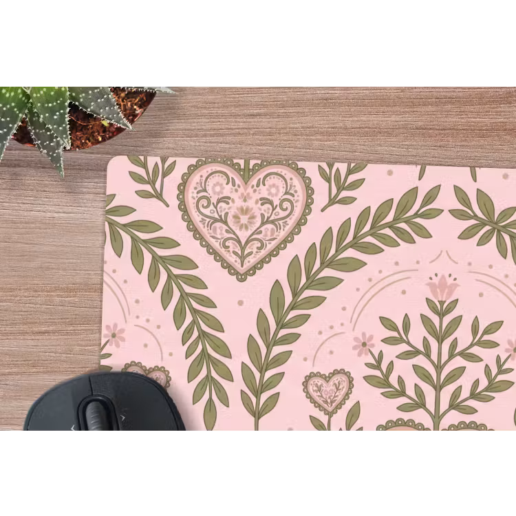 Patroon - Hart - Bloemen - Folkloristisch - Roze muismat rubber klein -closeup