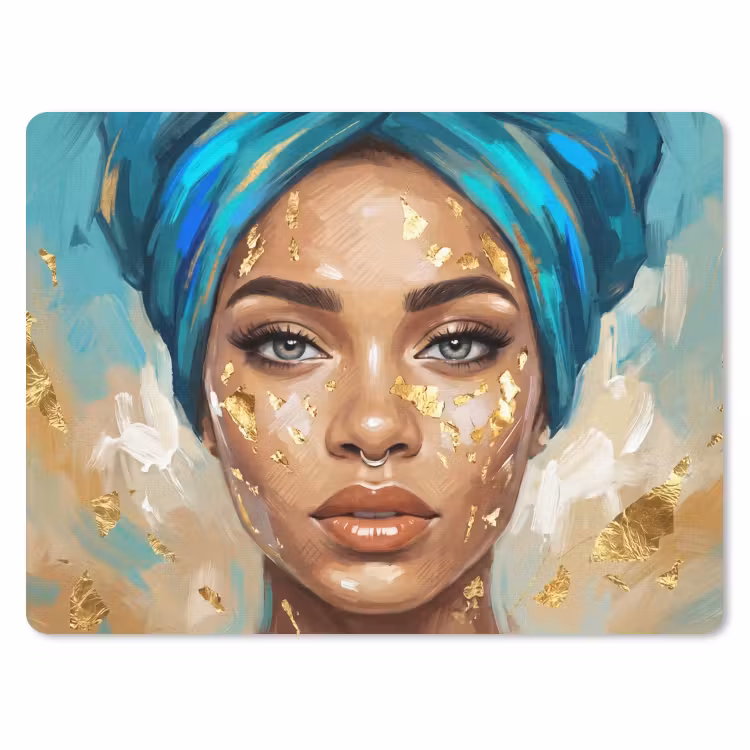 Portret - Vrouw - Schilderij - Blauw - Goud - Expressief muismat rubber klein -3d