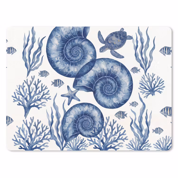 Schelp - Spiraal - Zeeleven - Aquarel - Blauw muismat rubber klein -3d