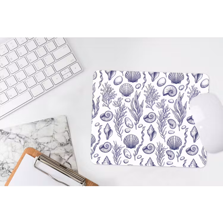 Schelpen - Zeewier - Oceaan - Illustratie - Blauw muismat rubber klein -witbureau