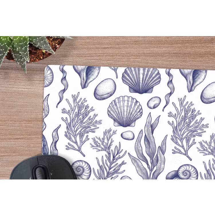 Schelpen - Zeewier - Oceaan - Illustratie - Blauw muismat rubber klein -closeup