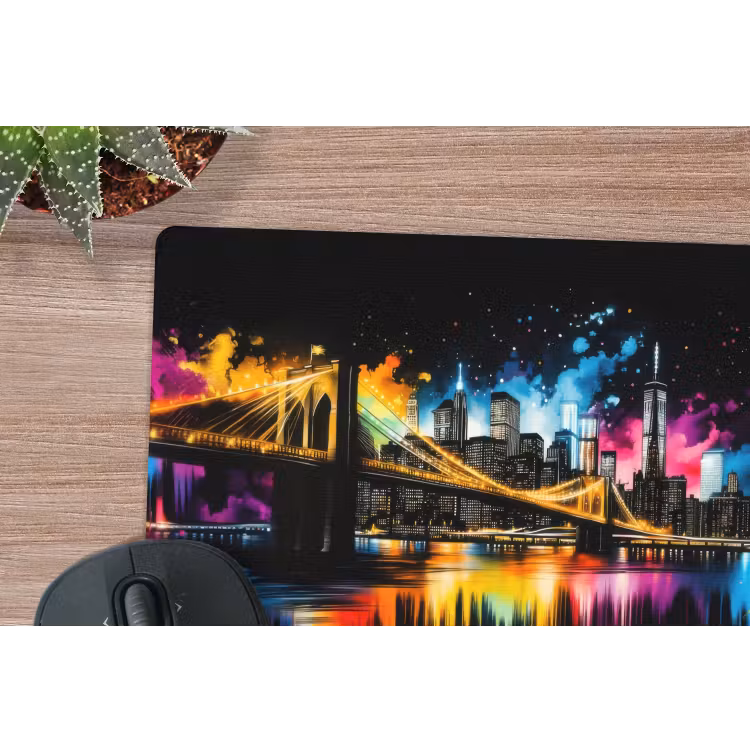 Skyline - Brug - Verlichting - Kleuren muismat rubber klein -closeup