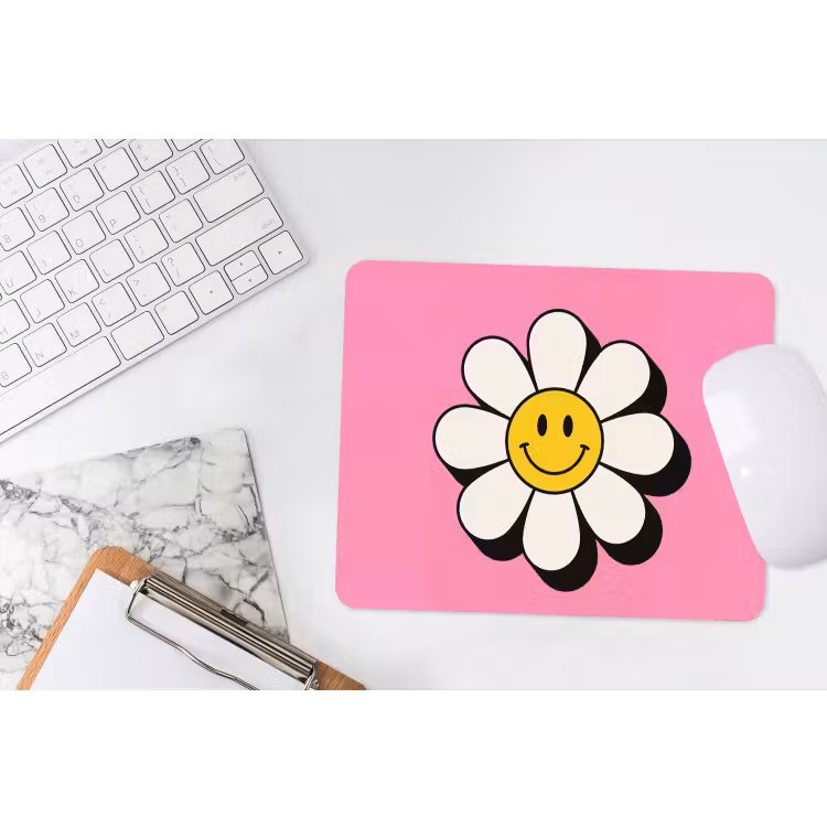 Smiley - Bloem - Roze muismat rubber klein -witbureau