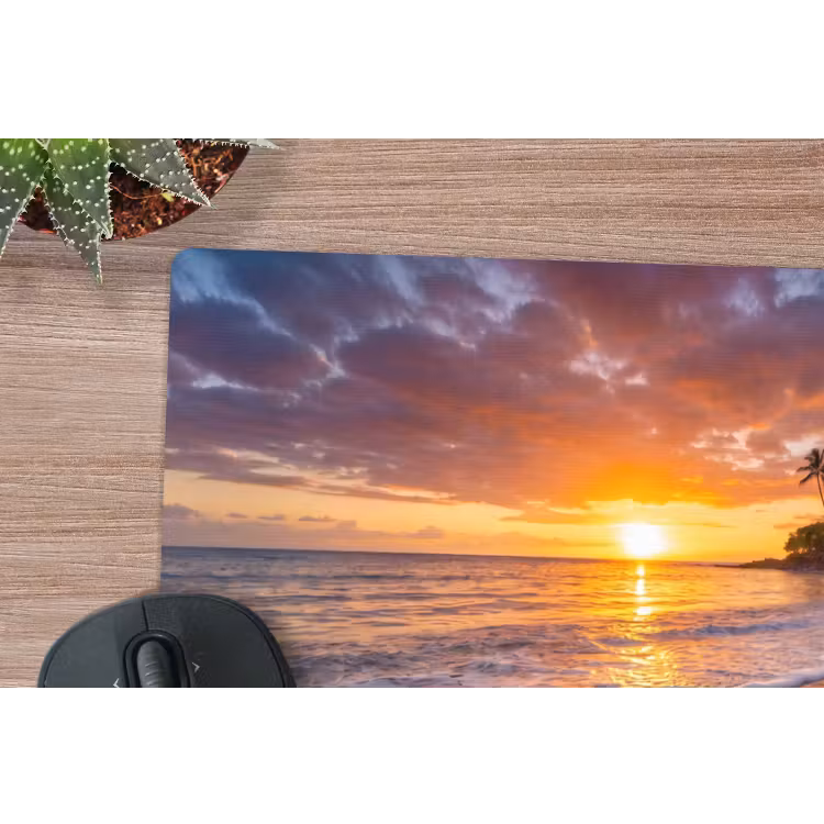 Strand - Zonsondergang - Palmbomen - Natuur - Oranje muismat rubber klein -closeup