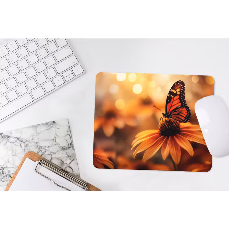 Vlinder - Bloemen - Oranje muismat rubber klein -witbureau