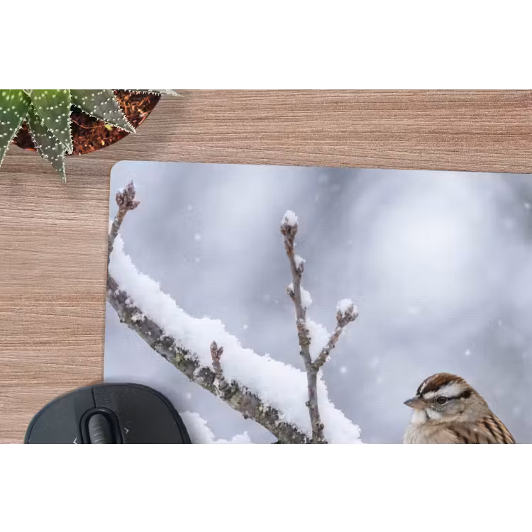Vogel - Tak - Sneeuw - Winter muismat rubber klein -closeup