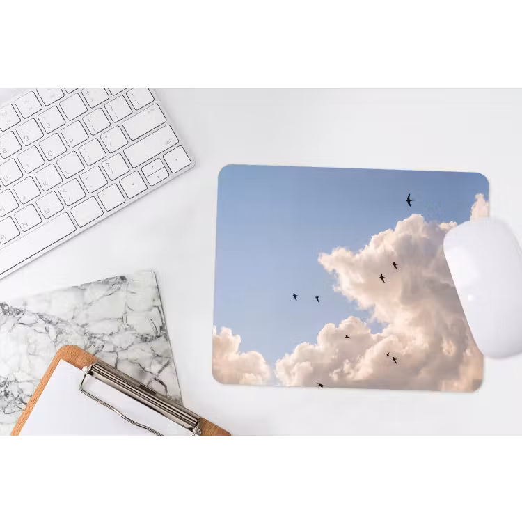 Vogel - Vlucht - Wolken - Natuur - Blauw muismat rubber klein -witbureau