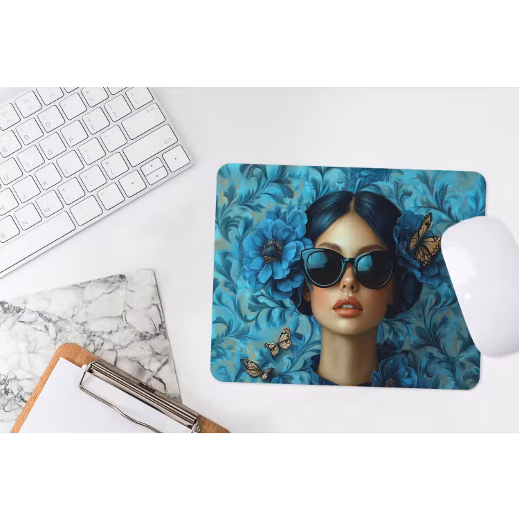 Vrouw - Bloemen - Vlinders - Blauw - Abstract muismat rubber klein -witbureau