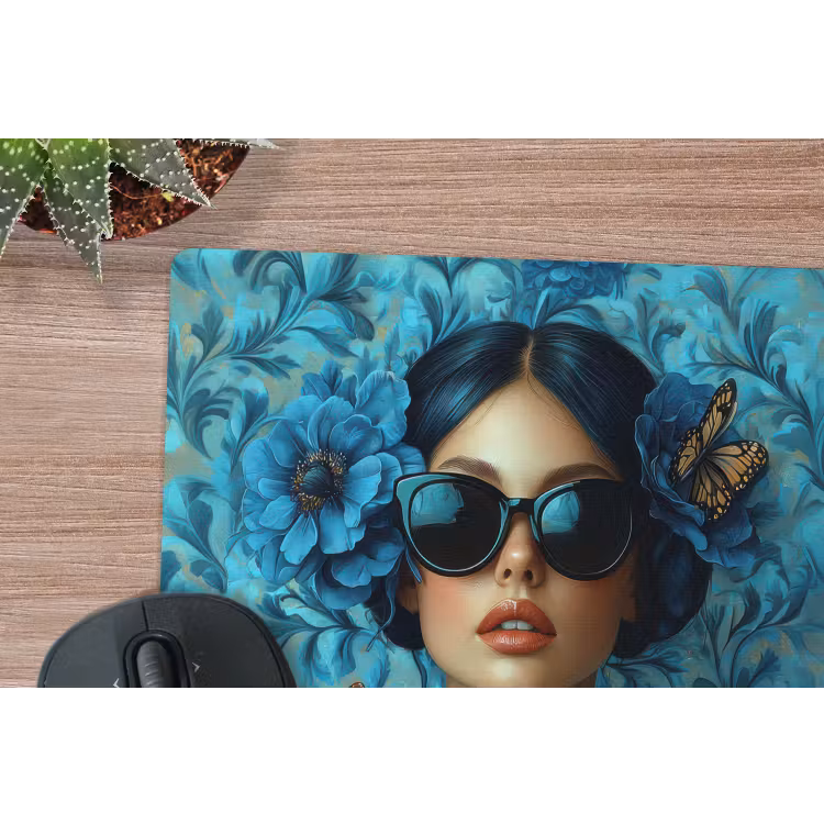 Vrouw - Bloemen - Vlinders - Blauw - Abstract muismat rubber klein -closeup