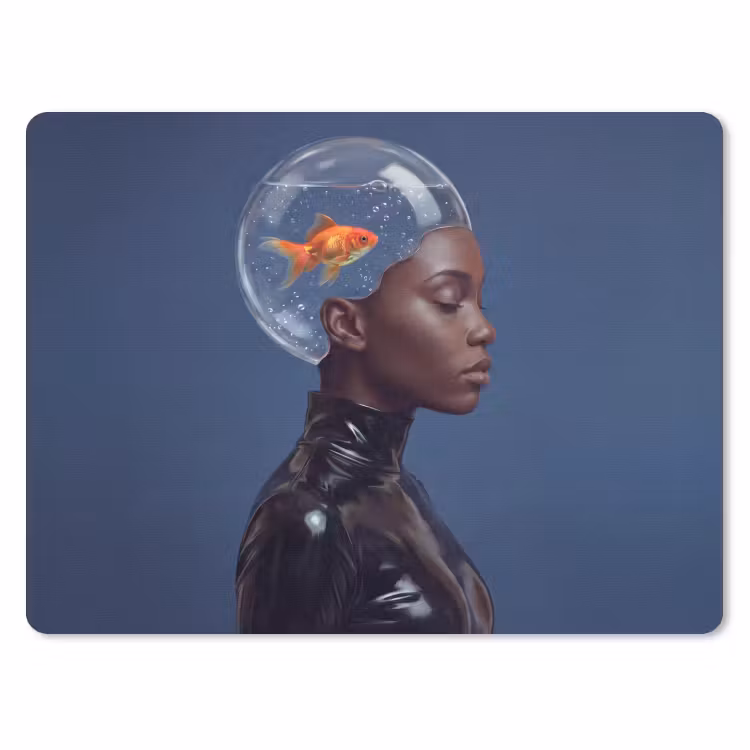 Vrouw - Goudvis - Hoofd - Abstract - Blauw muismat rubber klein -3d