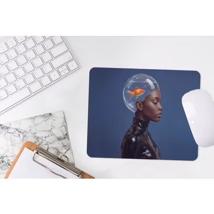 Vrouw - Goudvis - Hoofd - Abstract - Blauw muismat rubber klein -witbureau