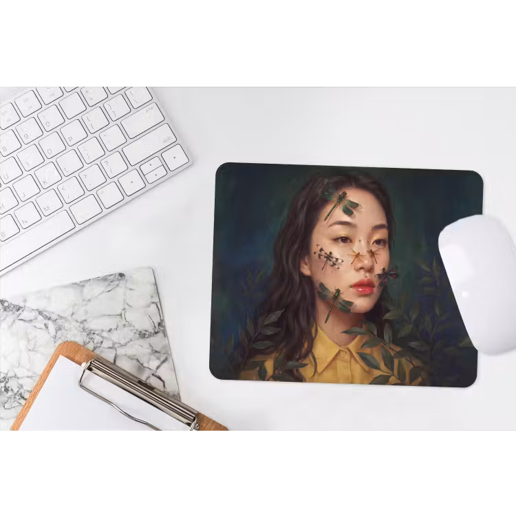 Vrouw - Insecten - Natuur - Portret - Groen muismat rubber klein -witbureau